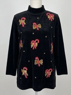 Karen Scott Vtg 90s Black Velvet Candy Cane Gold Bows Stars Holiday Top Size M